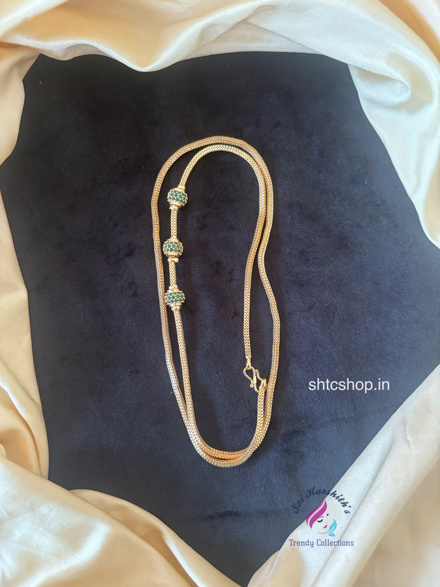 Cz 1gm gold Polished 24 inches Mugappu Chain (Green) - SHTC1778