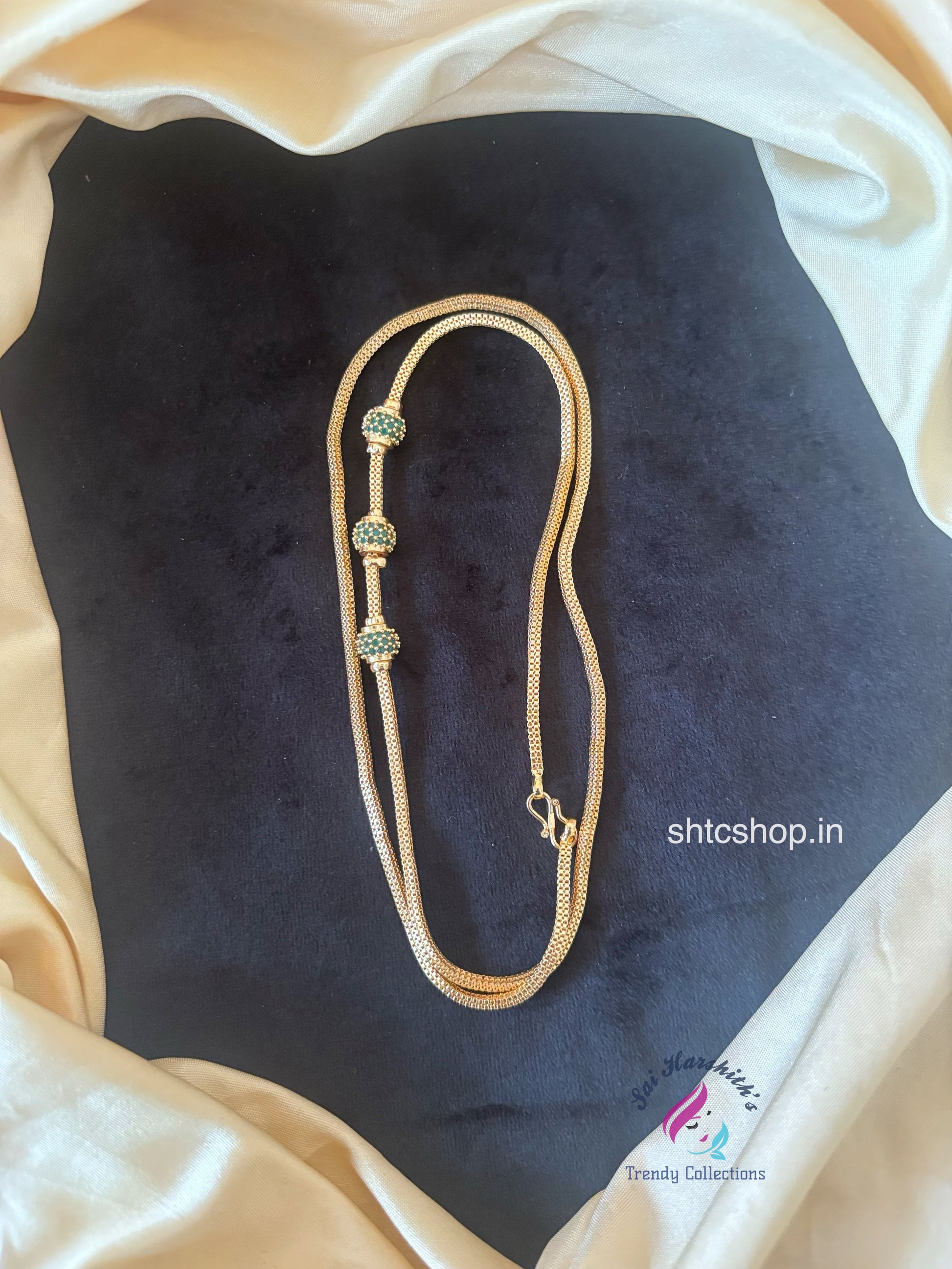 Cz 1gm gold Polished 24 inches Mugappu Chain (Green) - SHTC1778
