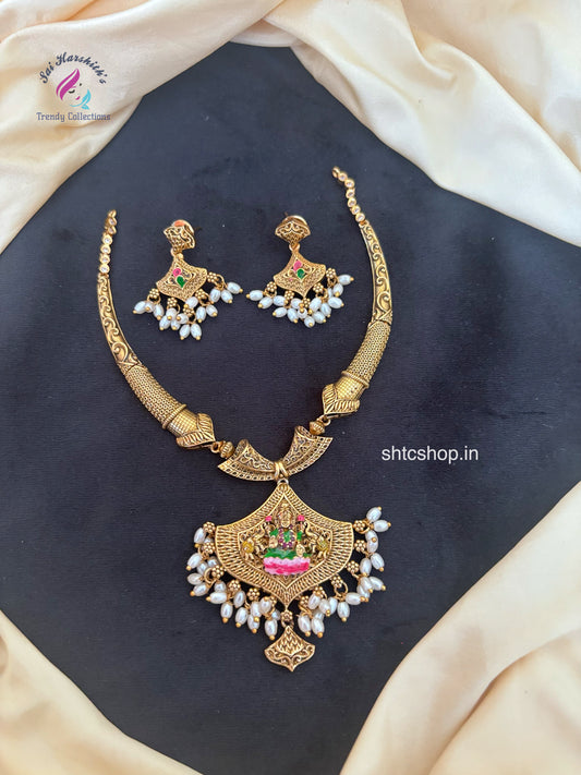 Temple Finish Necklace withTerracotta Inspired Lakshmi Enamel Design - SHTC1784