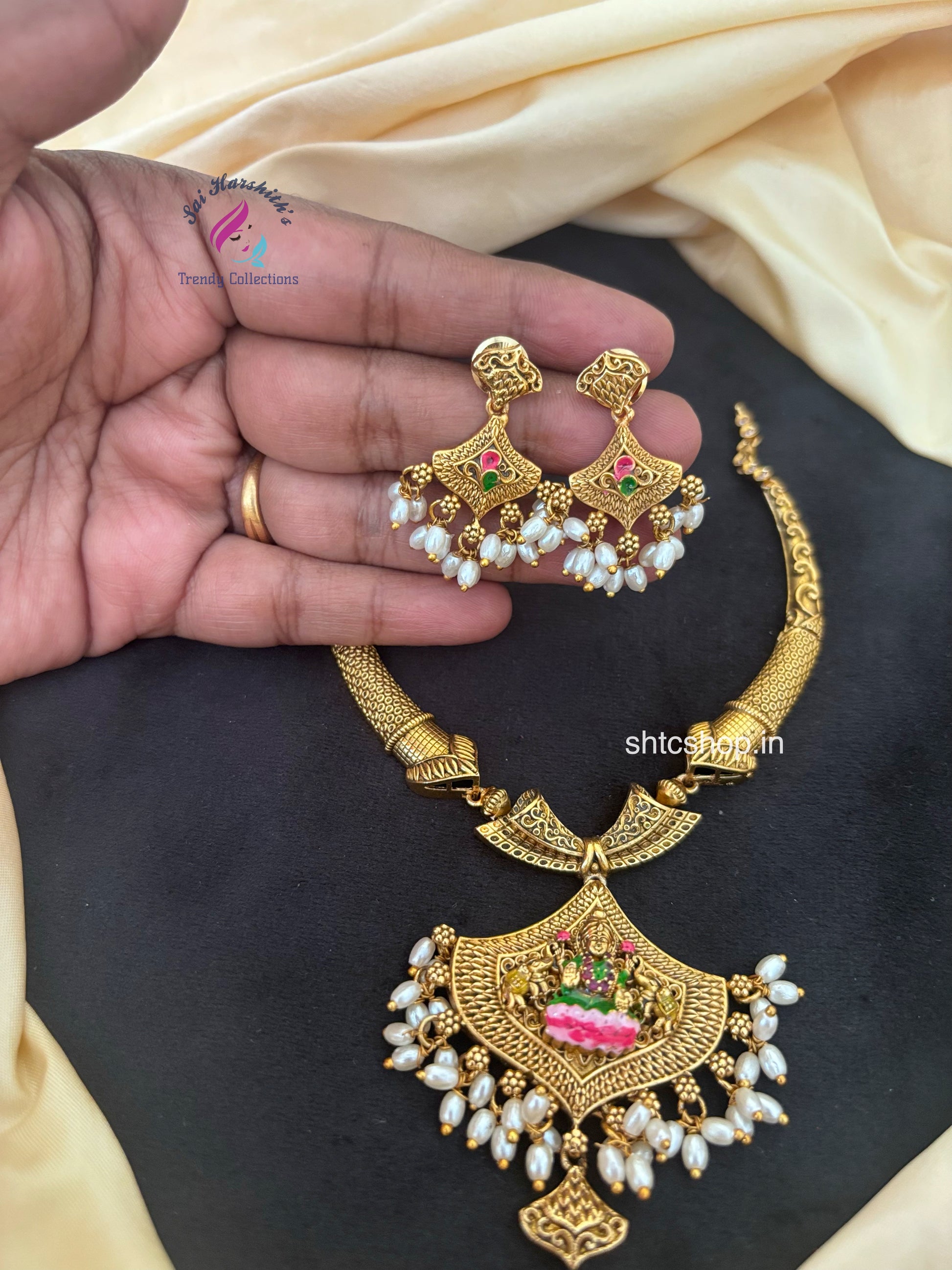 Temple Finish Necklace withTerracotta Inspired Lakshmi Enamel Design - SHTC1784