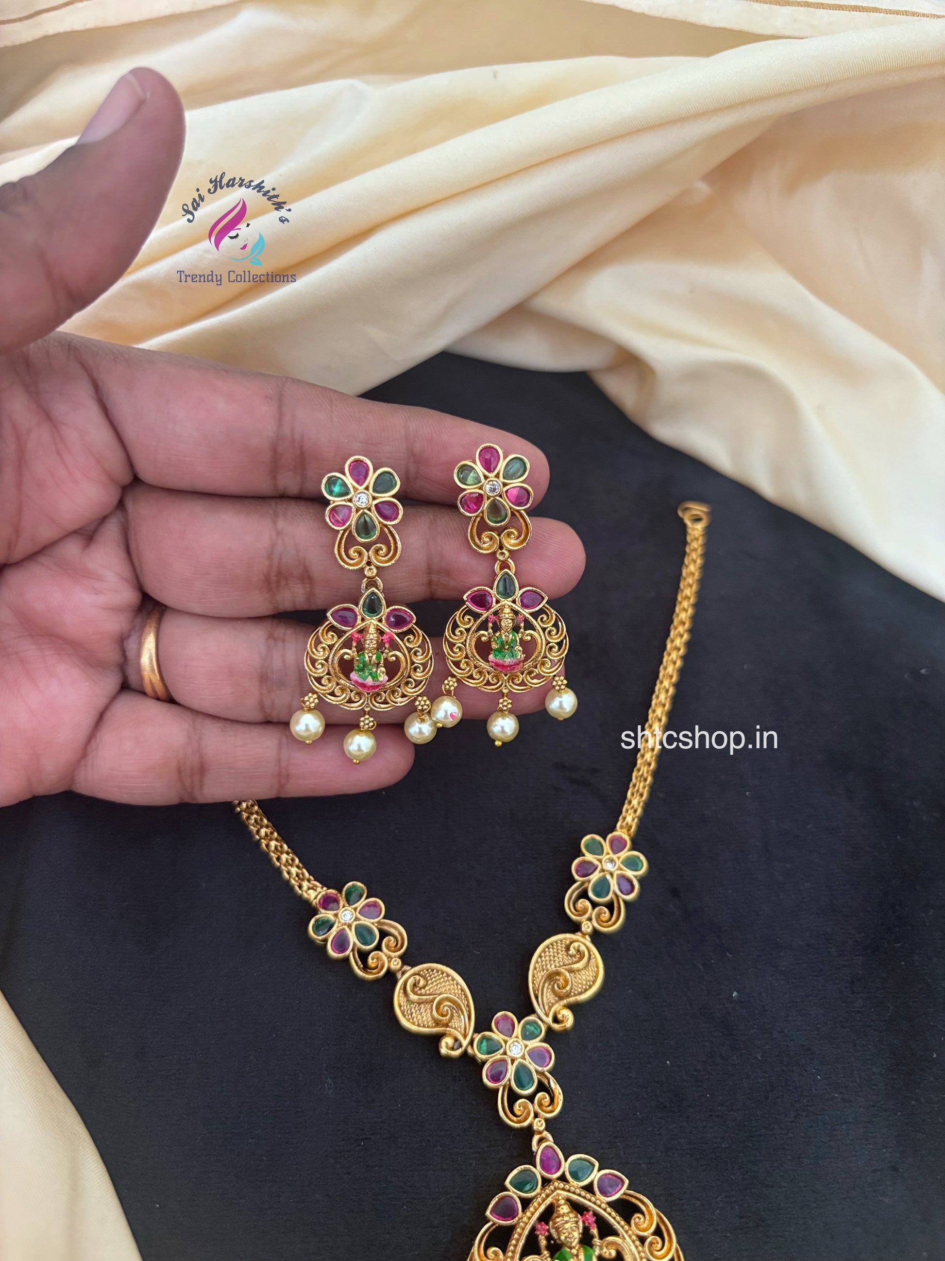 Temple Finish Necklace withTerracotta Inspired Lakshmi Enamel Design - SHTC1785