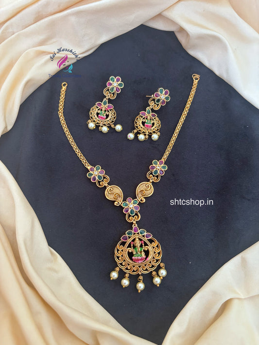 Temple Finish Necklace withTerracotta Inspired Lakshmi Enamel Design - SHTC1785