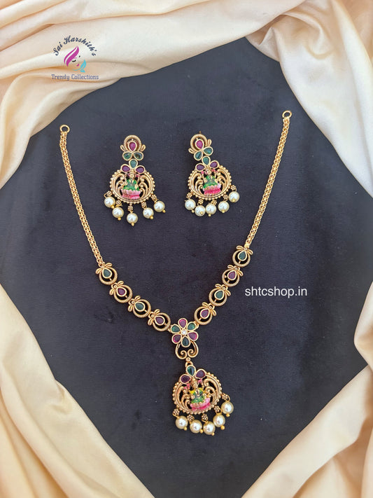 Temple Finish Necklace withTerracotta Inspired Lakshmi Enamel Design - SHTC1786