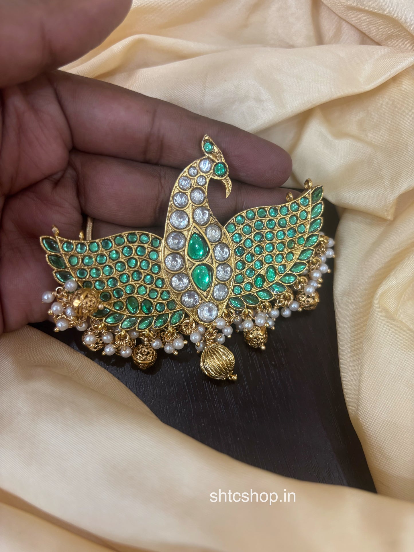 2 in 1 Reversible Peacock Pendant with kadav and Kundan Stones (Pink & Green) - SHTC1793