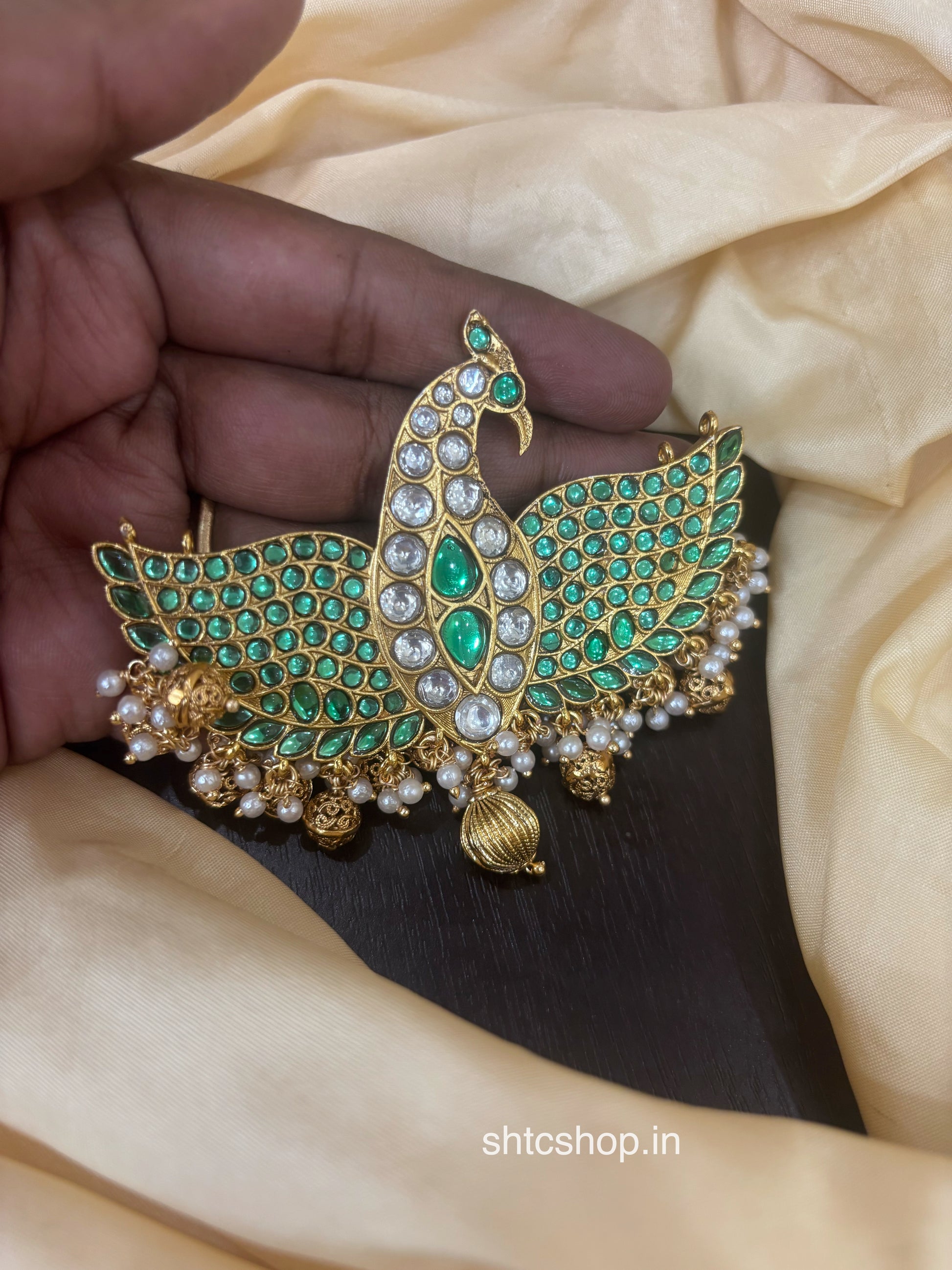 2 in 1 Reversible Peacock Pendant with kadav and Kundan Stones (Pink & Green) - SHTC1793