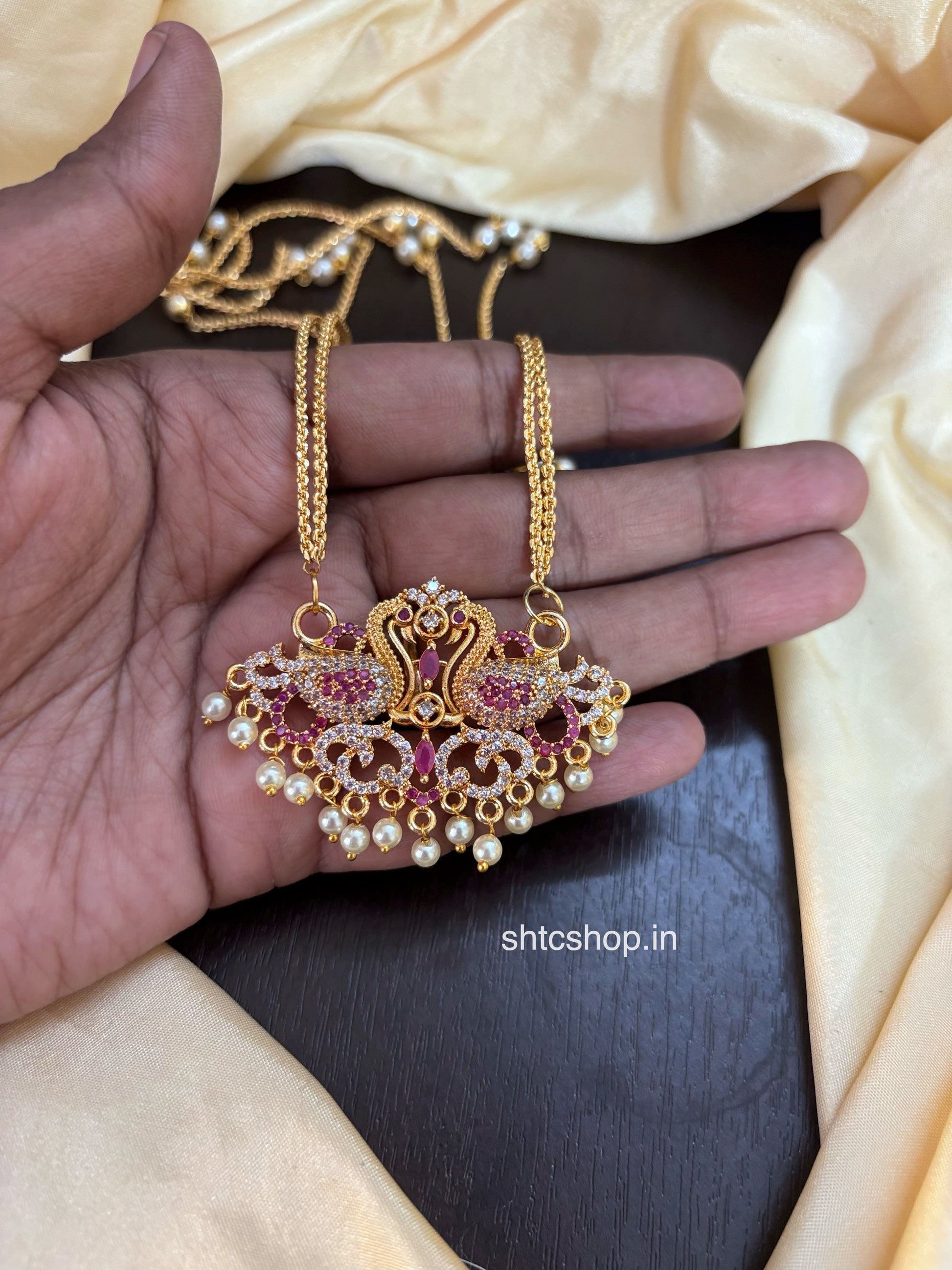Traditional 1 gm Gold Polished AD Stones Pendant with 20 inches 2 layer chain with Beads - SHTC1799HTC