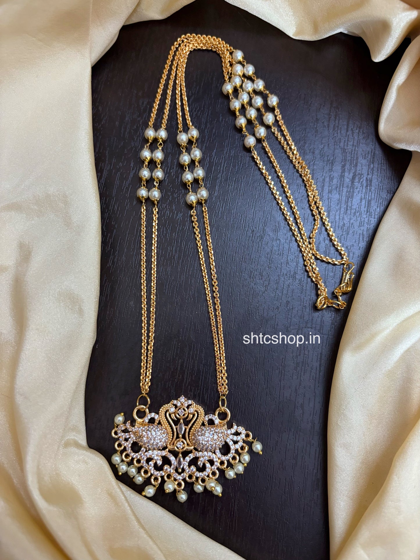 Traditional 1 gm Gold Polished AD Stones Pendant with 20 inches 2 layer chain with Beads - SHTC1799HTC