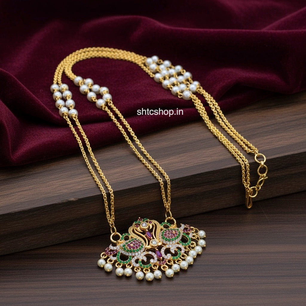 Traditional 1 gm Gold Polished AD Stones Pendant with 20 inches 2 layer chain with Beads - SHTC1799HTC