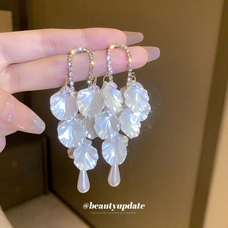 Pearl Flower Shell Long Tassel Korean Earrings - KE531