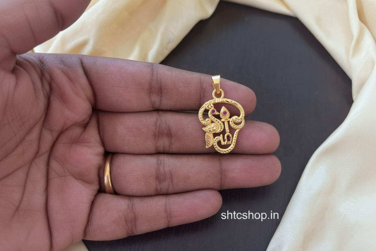 1gm Gold Polished Om, Vel and Peacock Combined Pendant - SHTC1810