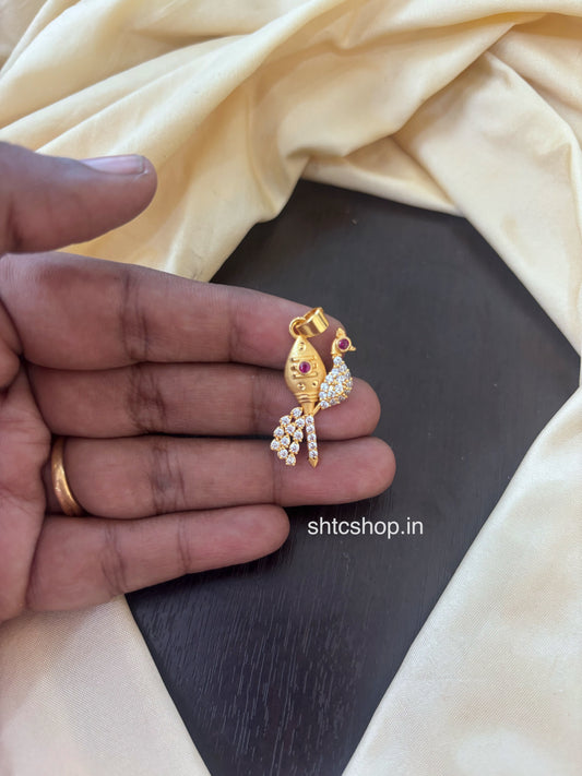 1 gm Gold Polished Pendant with Vel and Peacock (White Stones) - SHTC1824