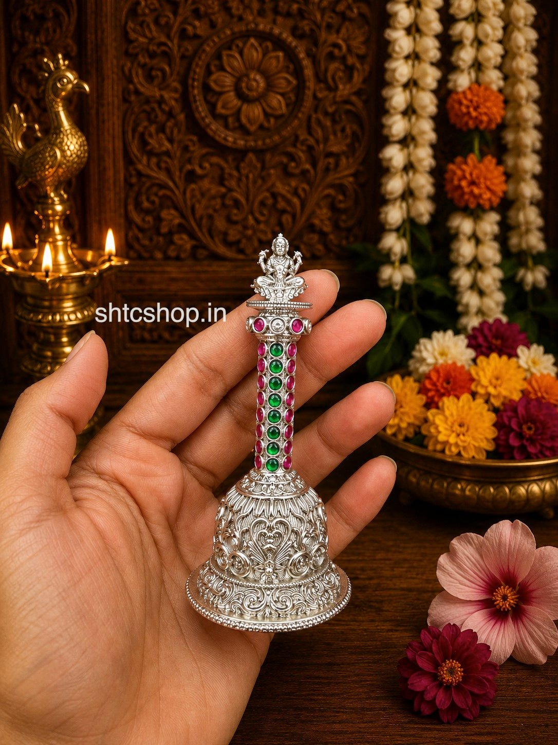 Brass Made Silver Finish Pooja Bell with Kempu stones (Goddess Lakshmi)- SHTC1842