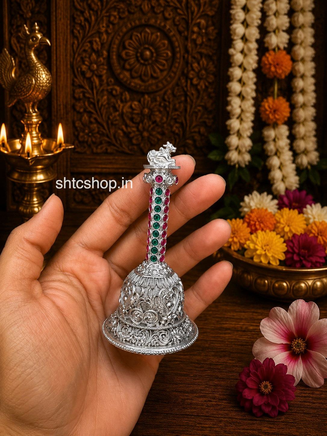 Brass Made Silver Finish Pooja Bell with Kempu stones (Nandhi)- SHTC1843