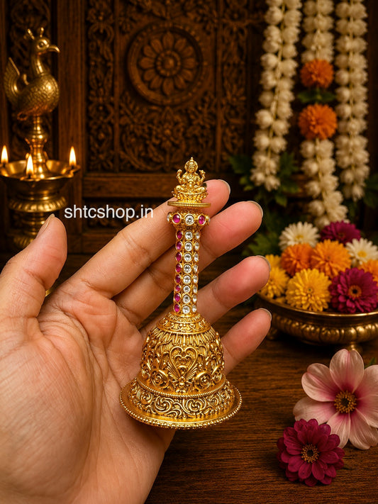 Brass Made Temple Finish Pooja Bell with Kempu stones (Goddess Lakshmi) - SHTC1846