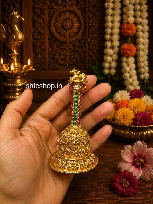 Brass Made Temple Finish Pooja Bell with Kempu stones (Nandhi) - SHTC1847