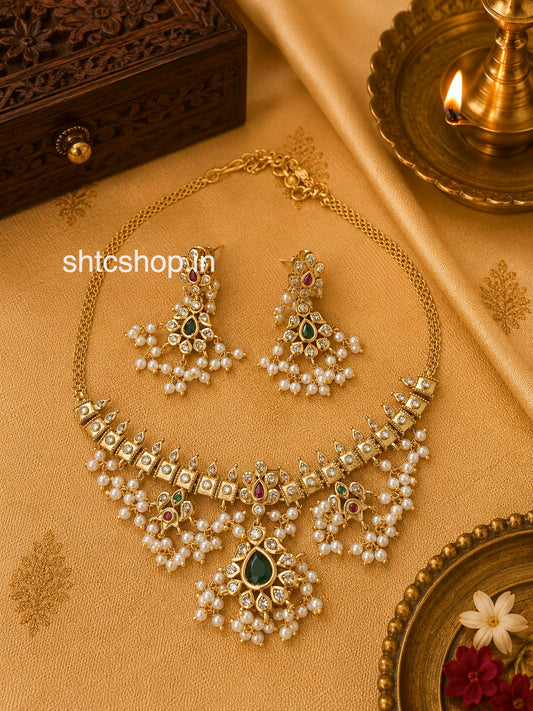 Temple Finish Guttapusalu Necklace Set with Pearl Drops & Kemp Stones - SHTC1849