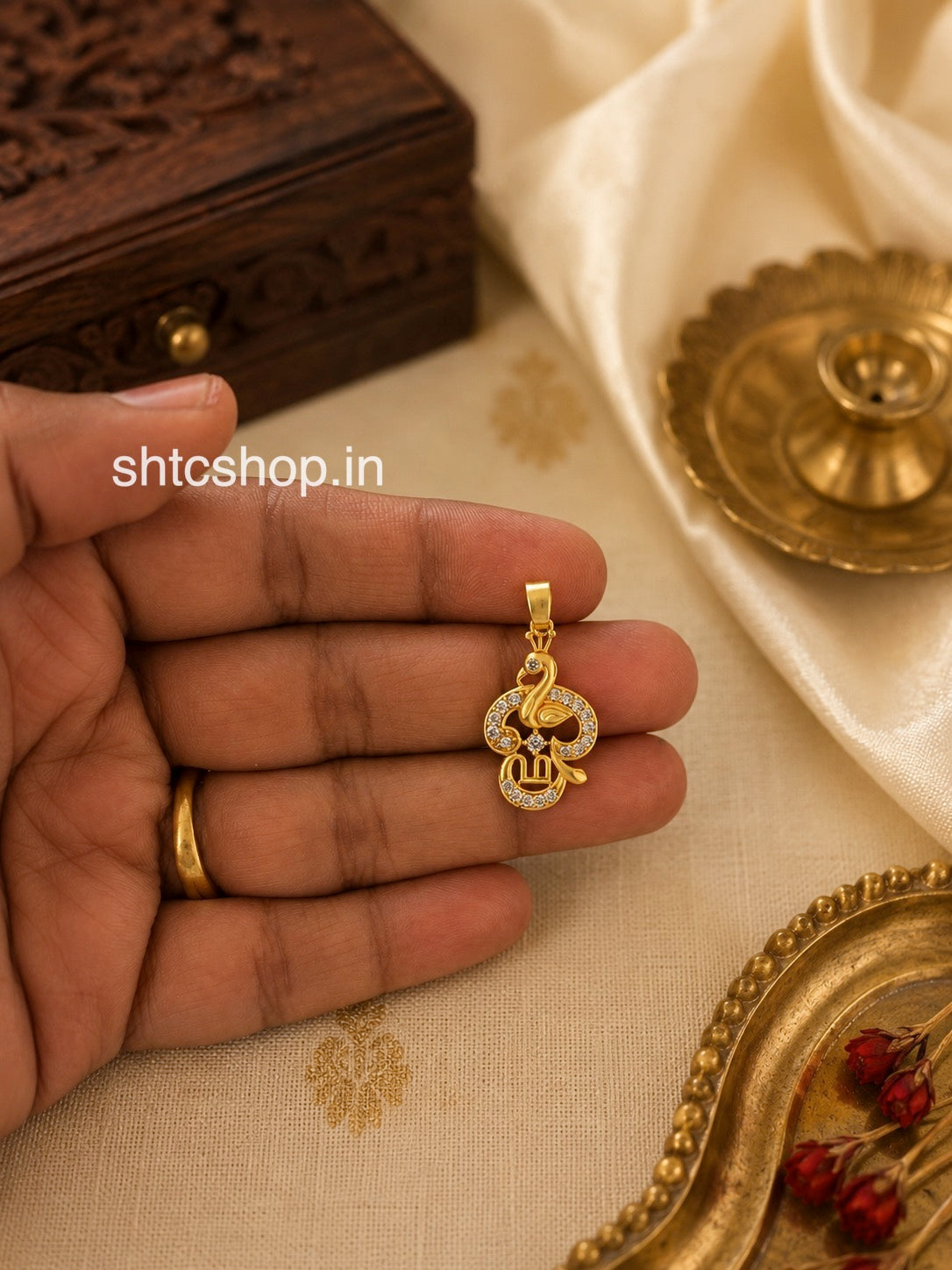 1 Gram Gold Polished Om with Peacock Pendant - SHTC1856