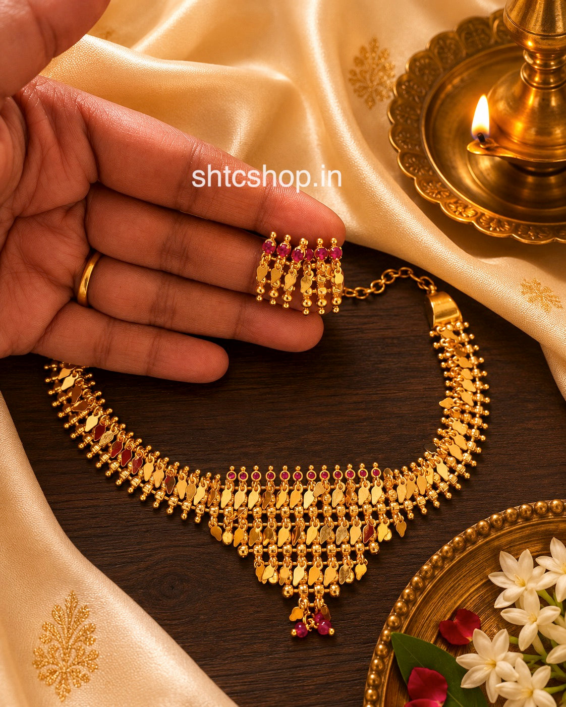 Kerala Style Elakkathali Necklace Set with Ruby Stones - SHTC1857