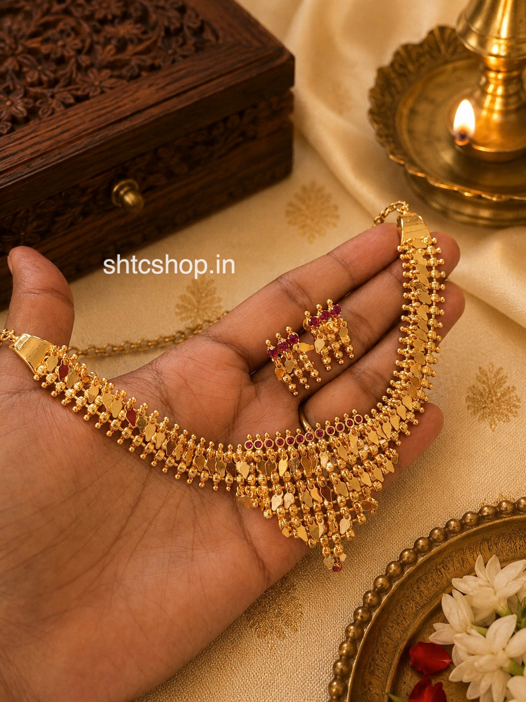 Kerala Style Elakkathali Necklace Set with Ruby Stones - SHTC1857