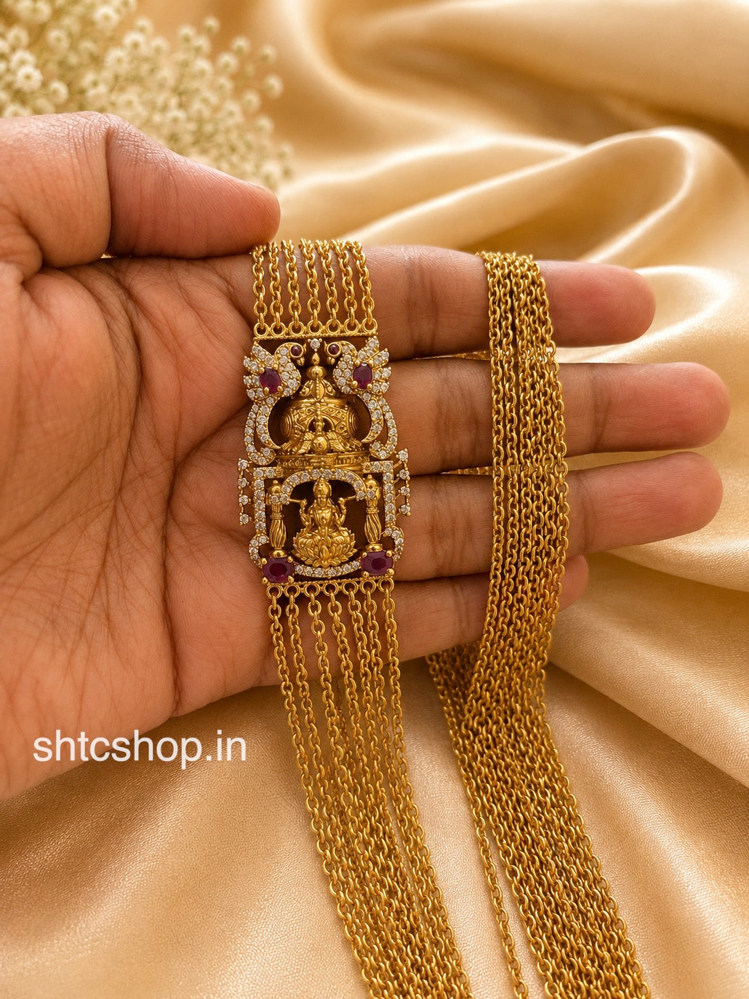 7 Layer Mugappu Chain with Lakshmi Design – Ruby / Green Variant - SHTC1859