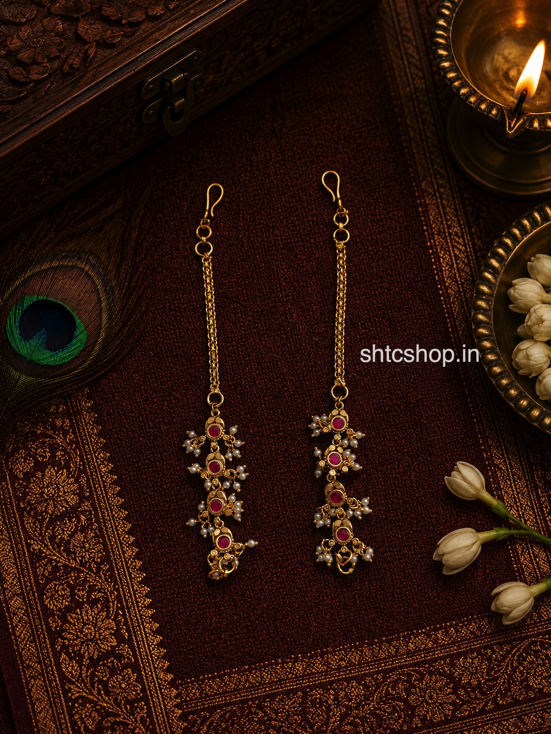 Traditional Pearl Mattal / Ear Chain – Kempu & Green Stone Variants - SHTC1883