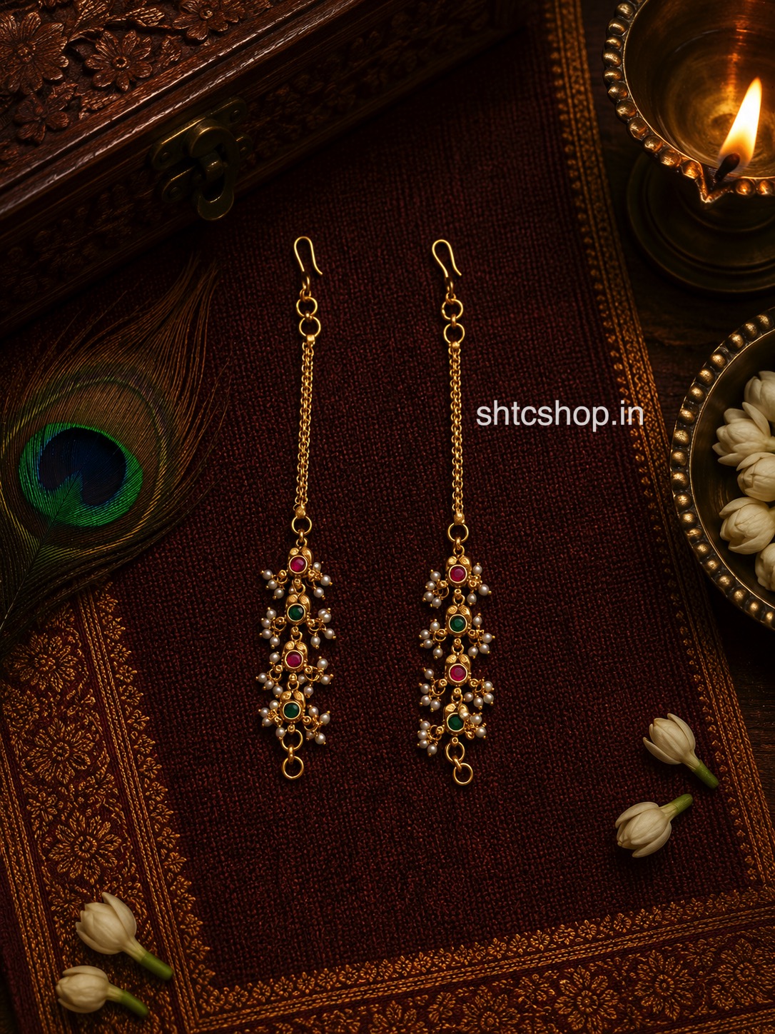Traditional Pearl Mattal / Ear Chain – Kempu & Green Stone Variants - SHTC1883