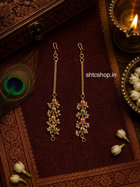 Traditional Pearl Mattal / Ear Chain – Kempu & Green Stone Variants - SHTC1883
