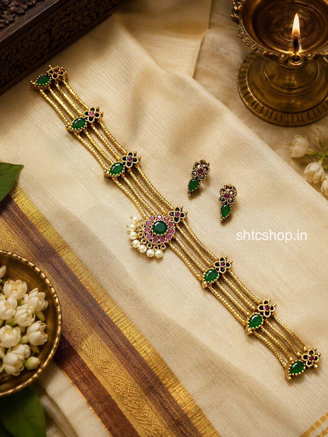 Traditional Kerala Palaka Style Choker Set with Earrings - SHTC1884