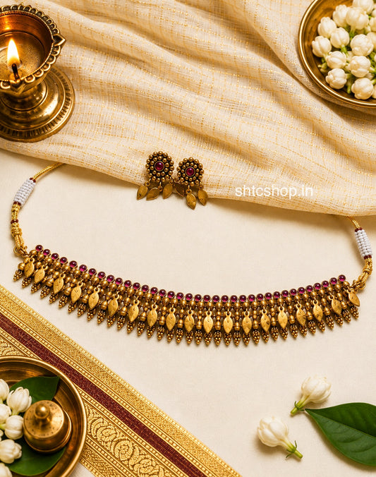 Traditional Kerala Elakkathali Necklace Set in Matte Finish with Kempu Stones - SHTC1886