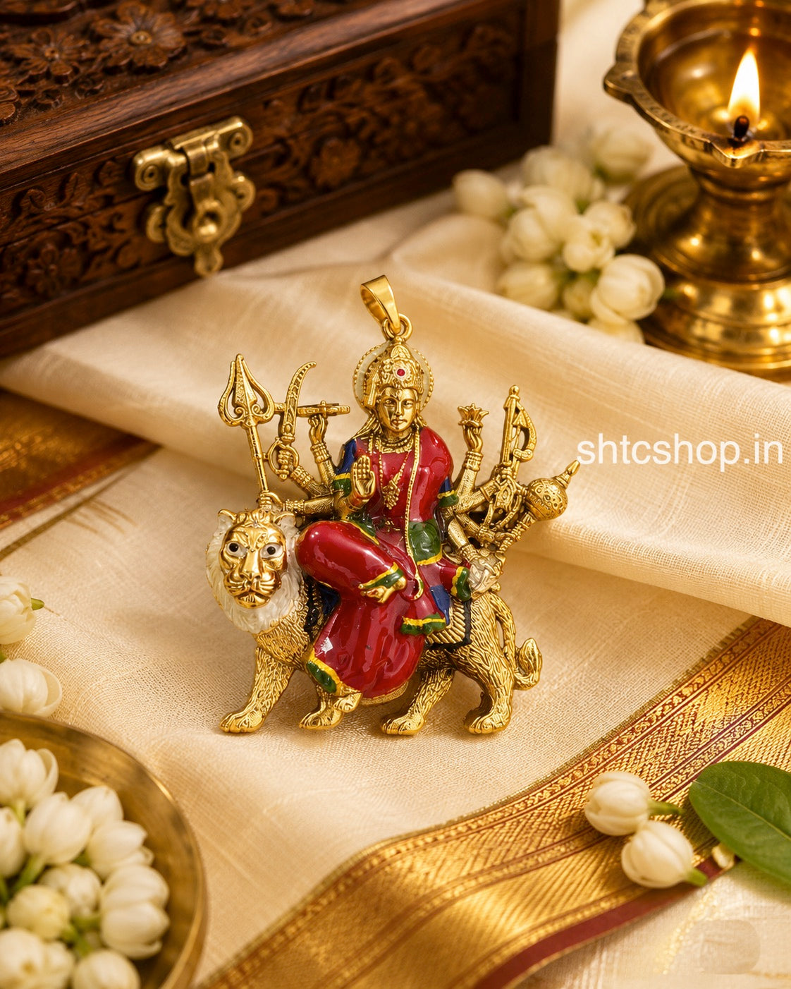 Goddess Durga Pendant in Matte Finish with Enamel Work - SHTC1889