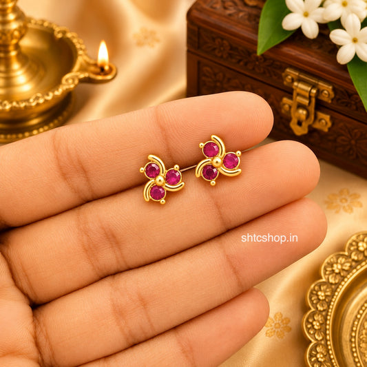 1 GM Gold Polished Pinwheel Baby Stud Earrings | CZ & Ruby Stone Kids Earrings | Screw Back