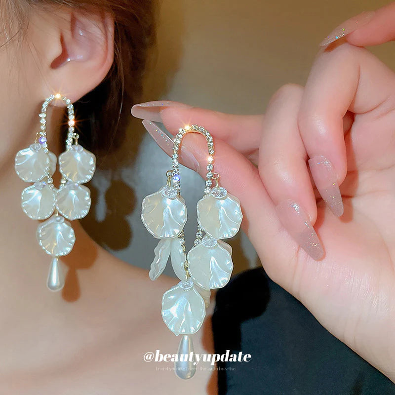 Pearl Flower Shell Long Tassel Korean Earrings - KE531