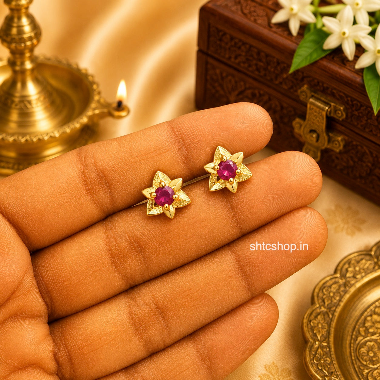 1 GM Gold Polished Floral Baby Stud Earrings with Ruby Stone | Screw Back Kids Earrings - SHTC1900
