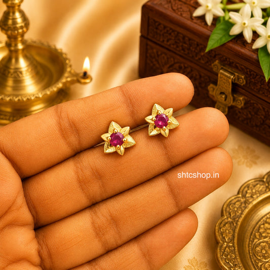 1 GM Gold Polished Floral Baby Stud Earrings with Ruby Stone | Screw Back Kids Earrings - SHTC1900