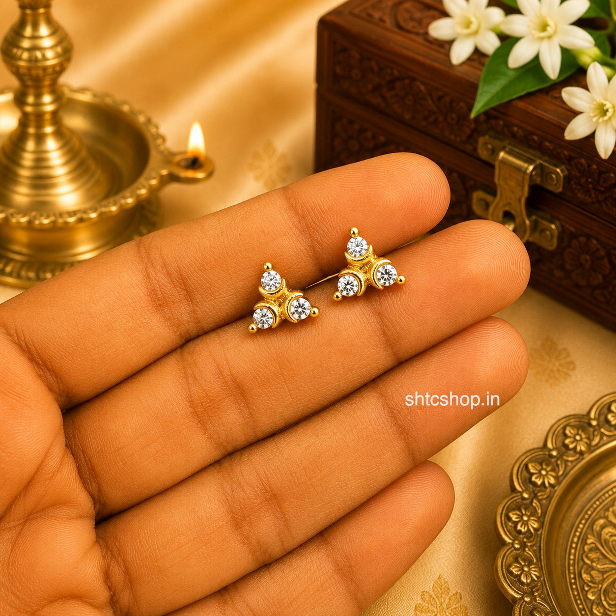 GM Gold Polished CZ Baby Stud Earrings | Triangle Design Screw Back Earrings for Kids - SHTC1901