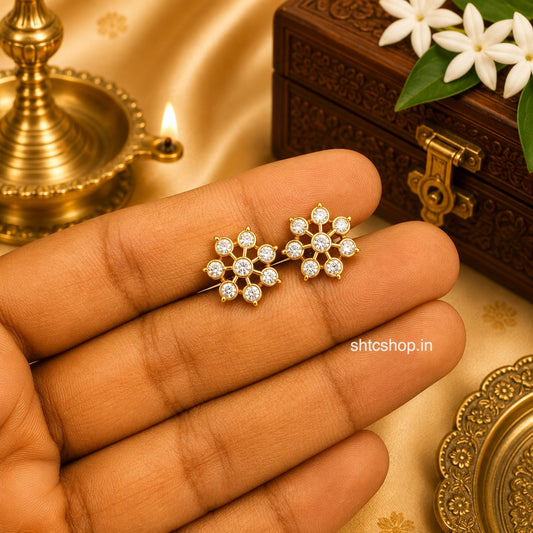 1 GM Gold Polished Floral Baby Stud Earrings | CZ & Ruby Stone Kids Screw Back Earrings - SHTC1902