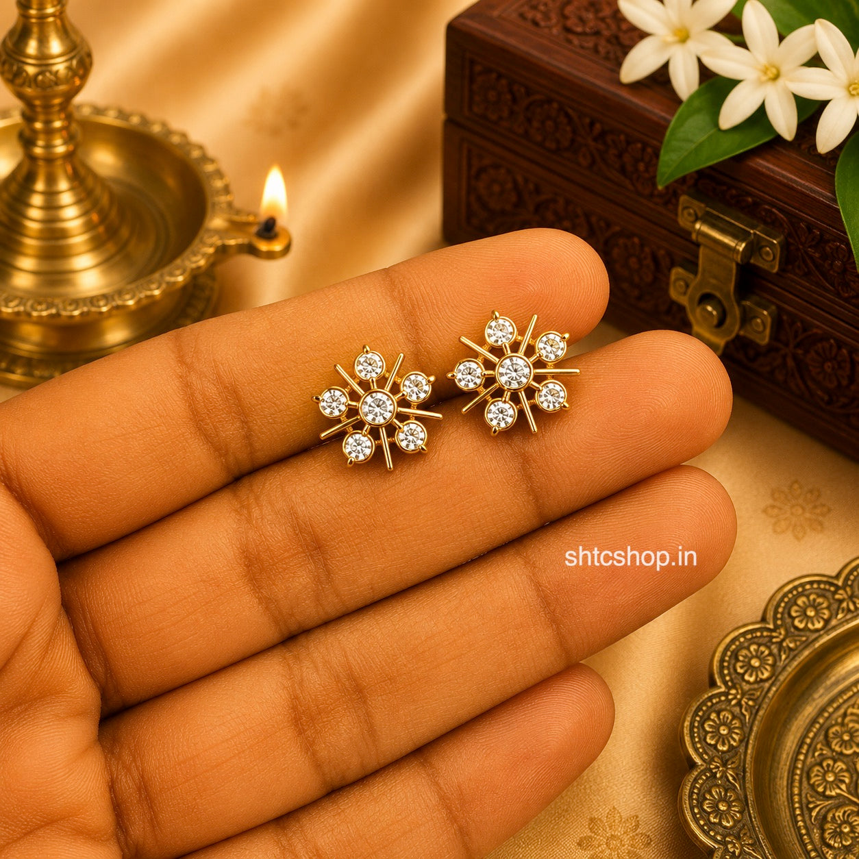 1 GM Gold Polished Floral Baby Stud Earrings | CZ & Ruby Stone Kids Screw Back Earrings - SHTC1903