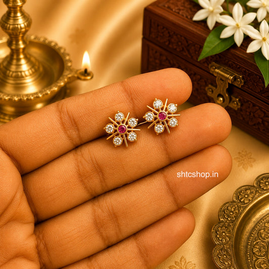 1 GM Gold Polished Floral Baby Stud Earrings | CZ & Ruby Stone Kids Screw Back Earrings - SHTC1903