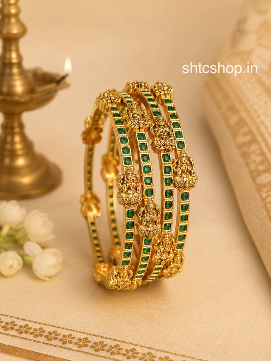 Set of 4 Matte Finish Green Kempu Stone Goddess Lakshmi Bangles | Traditional Temple Jewellery - SHTC1913