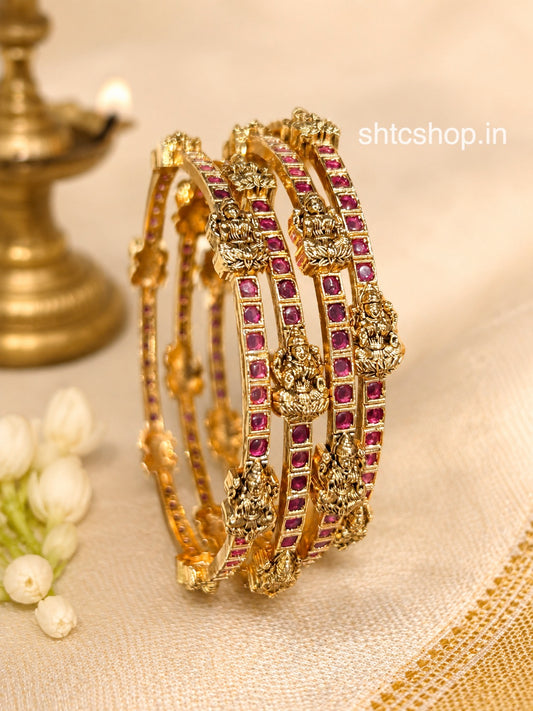 Set of 4 Matte Finish Ruby Kempu Stone Goddess Lakshmi Bangles | Traditional Temple Jewellery - SHTC1914