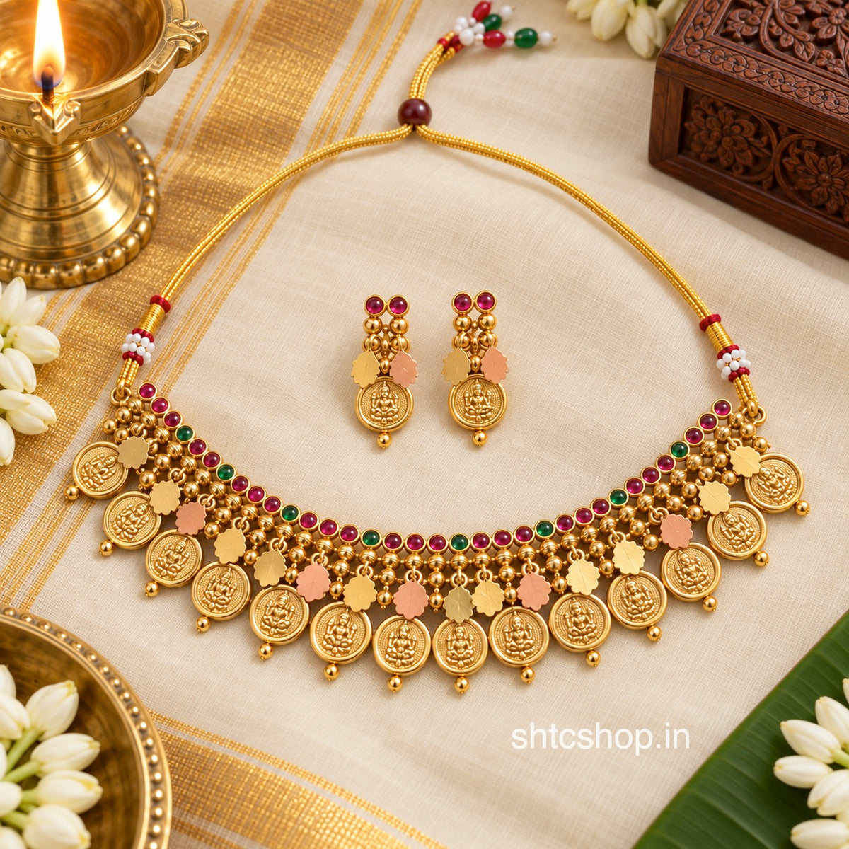 Traditional Kerala Style Multicolor Kempu Stone Matte Finish Lakshmi Coin Elakkathali Necklace Set - SHTC1918