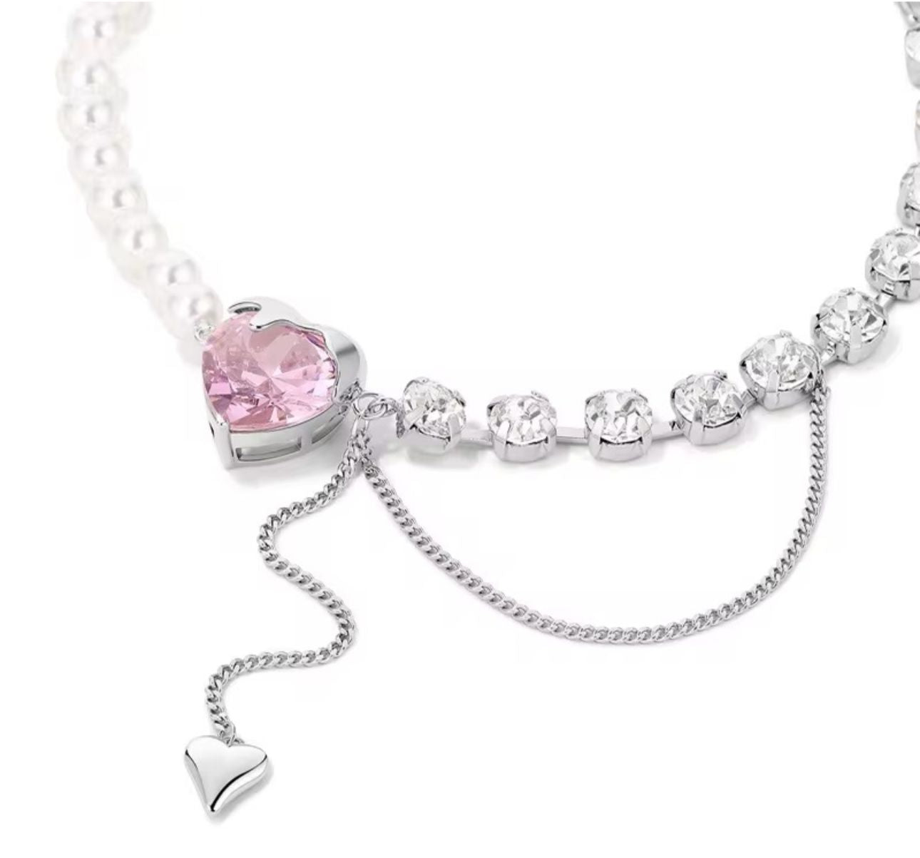 Pink Heart Pearl Chain Necklace - KE191