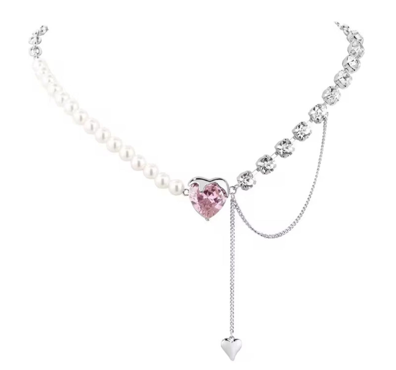 Pink Heart Pearl Chain Necklace - KE191