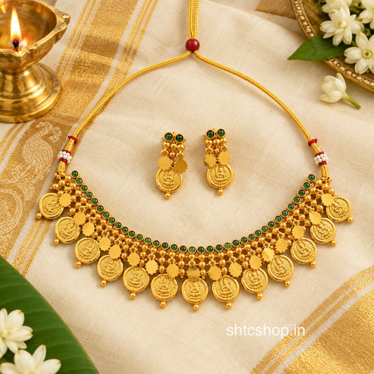 Traditional Kerala Style Matte Finish Elakkathali Lakshmi Coin Necklace Set with Green Kempu Stones - SHTC1920