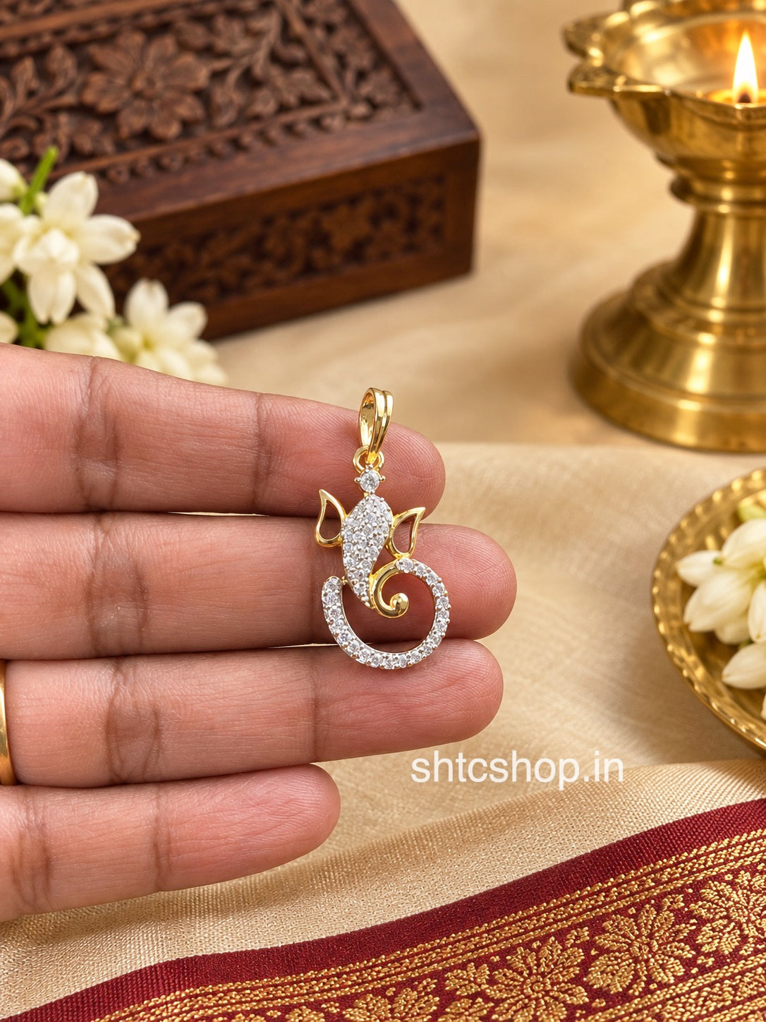 1GM Gold Polished Ganesha Pendant with AD Stones – Elegant Modern Design - SHTC1921
