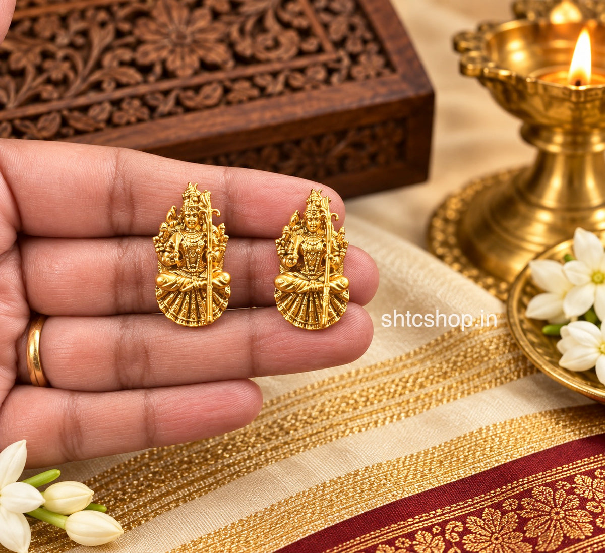 Antique Matte Finish Goddess Kamatchi Amman Pendant with Matching Earrings – Temple Jewellery Set - SHTC1922
