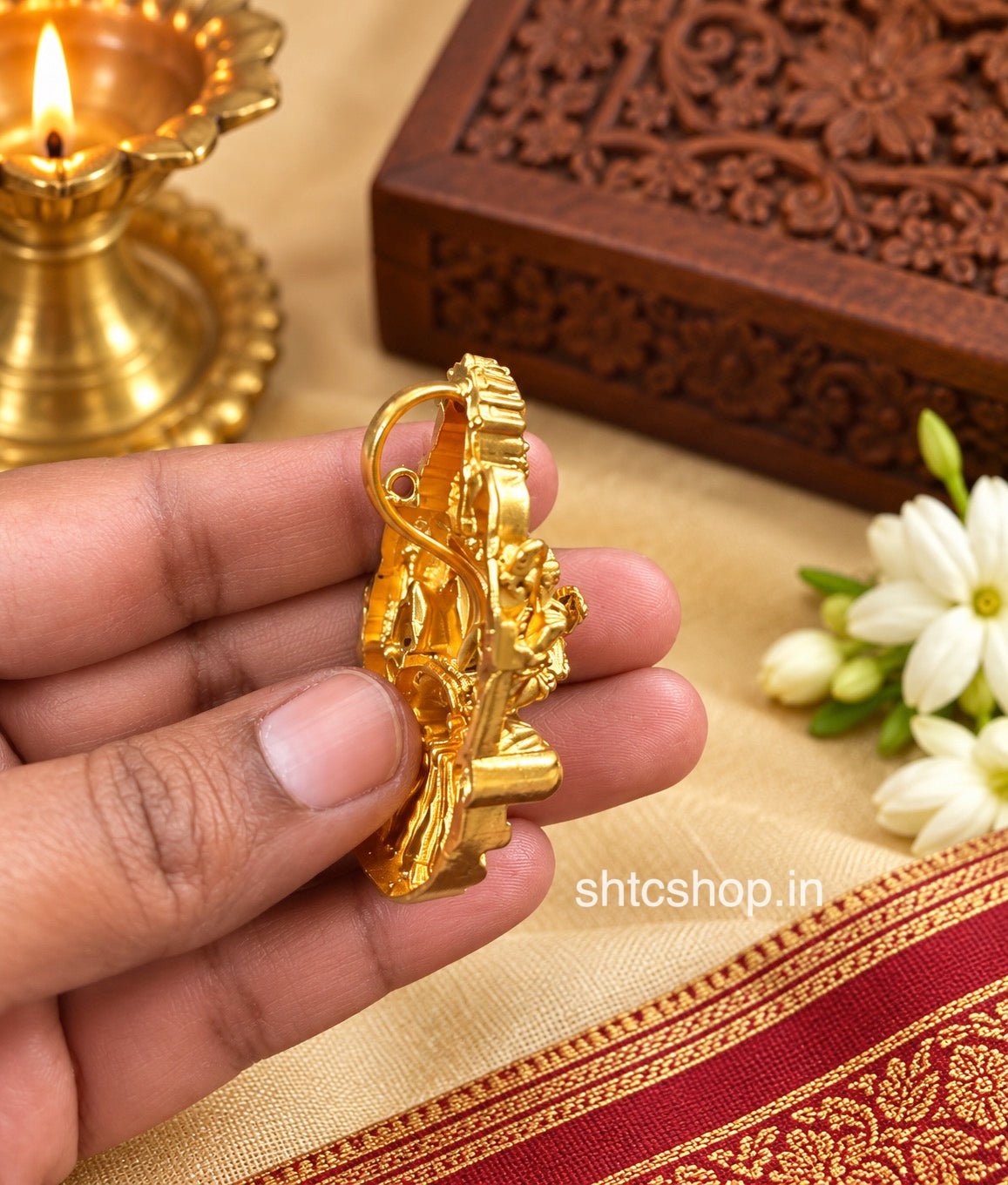 Antique Matte Finish Goddess Kamatchi Amman Pendant with Matching Earrings – Temple Jewellery Set - SHTC1922