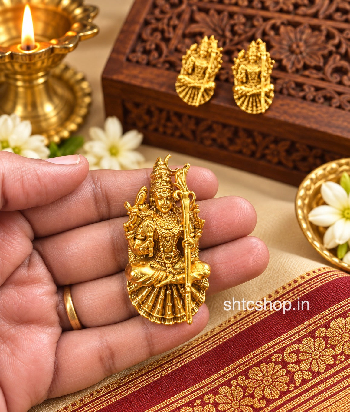 Antique Matte Finish Goddess Kamatchi Amman Pendant with Matching Earrings – Temple Jewellery Set - SHTC1922