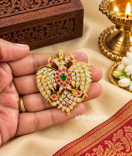 Five Metal Gandaberunda Pendant with AD & Kempu Stones – Traditional Temple Jewellery - SHTC1923