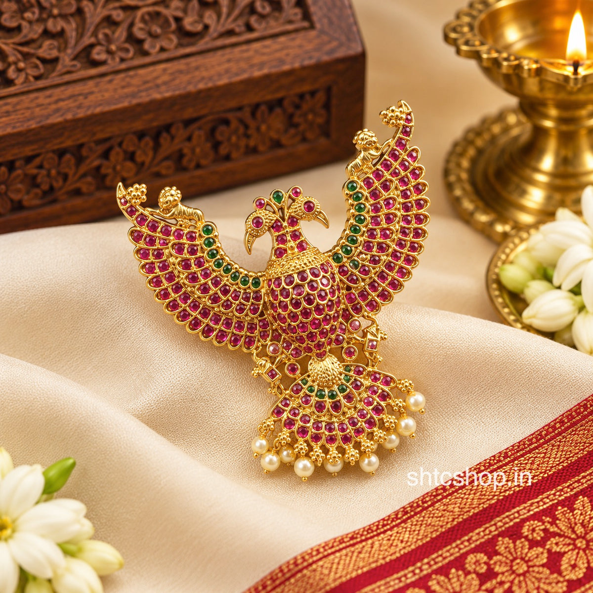 Matte Finish Gandaberunda Kempu Stone Pendant with Pearl Drops – Traditional Temple Jewellery - SHTC1924